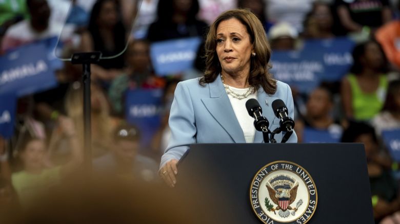 Vice President Kamala Harris speaks to supporters in Atlanta i her first visit to the city since becoming the presumptive Democratic presidential nominee on Tuesday, July 30, 2024.