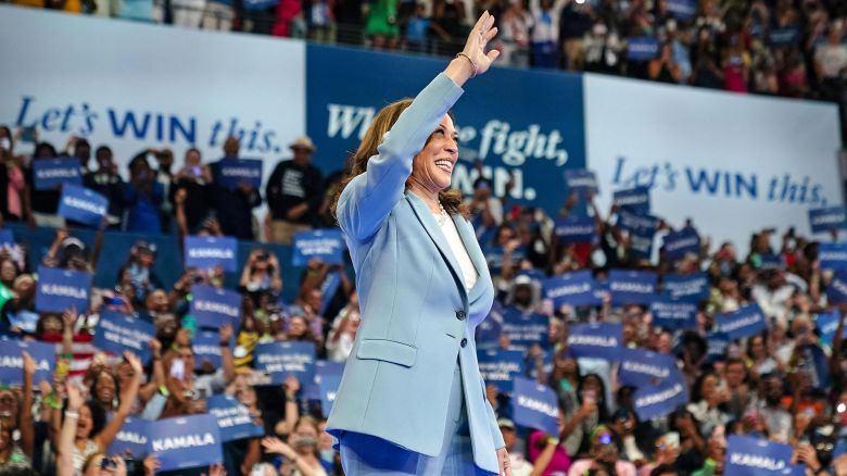 Vice President Kamala Harris waves as she arrives to speak at a campaign rally in Atlanta on July 30.