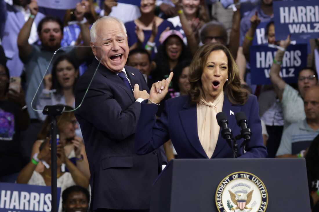 Democratic presidential candidate Vice President Kamala Harris introduces her running mate, Minnesota Gov. Tim Walz, during a campaign rally at Temple University in Philadelphia on Tuesday.