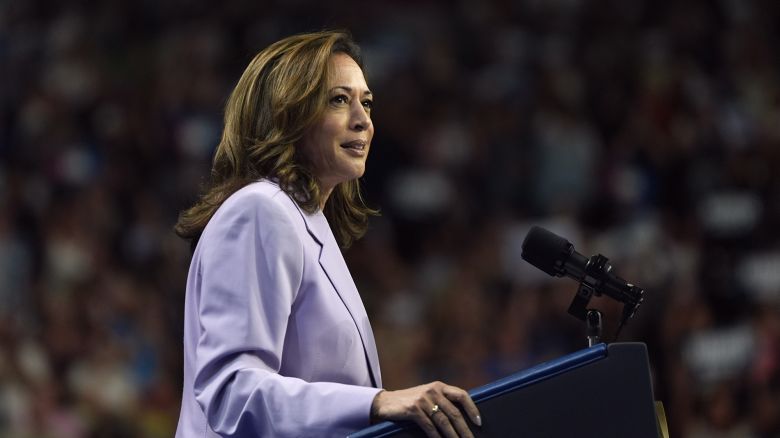 Vice President Kamala Harris speaks at a campaign rally, on August 10, 2024, in Las Vegas.