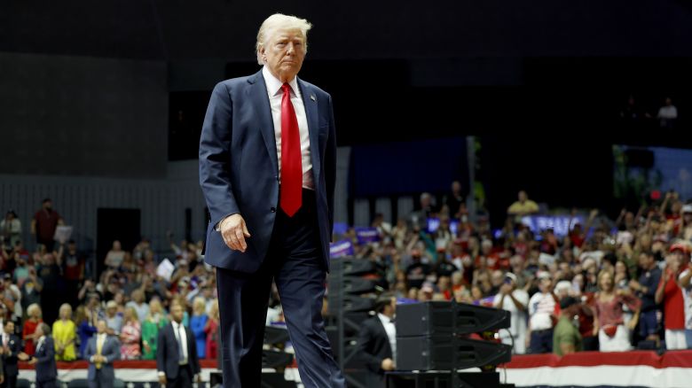 Republican presidential nominee, former U.S. President Donald Trump arrives to speak at a campaign rally at the Van Andel Arena on July 20, 2024 in Grand Rapids, Michigan.