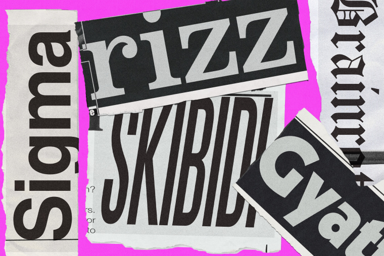 Collage of various Gen Alpha slang words in different fonts: "Sigma," "Rizz," "Skibidi", "Gyatt", and "Brainrot"