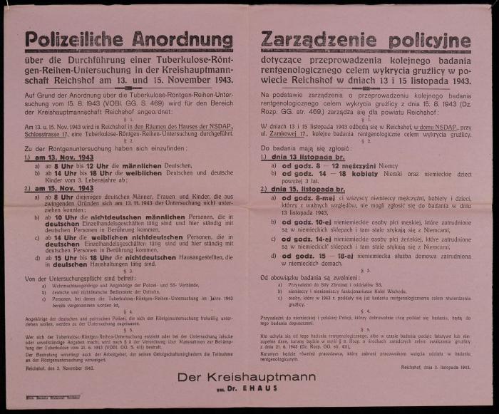 An order from German authorities announces mandatory X-ray screenings in occupied Poland.