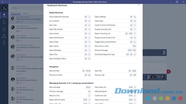 Thiết lập các phím tắt trong ứng dụng Microsoft Teams cho máy tính