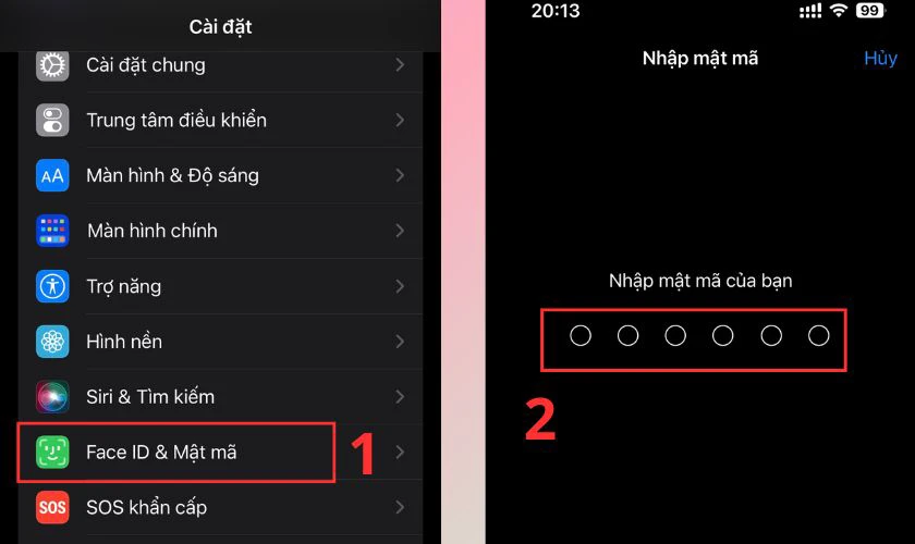 Mở ứng dụng Cài đặt, sau đó chọn vào Face ID & Mật mã