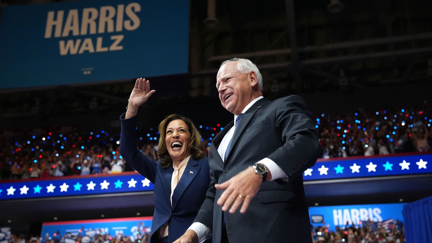 Vice President Kamala Harris and Minnesota Gov. Tim Walz at the Liacouras Center at Temple University on August 6 in Philadelphia.